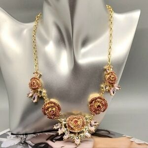 Vintage Handmade Elegant Floral Crystal Embellished Gold Necklace